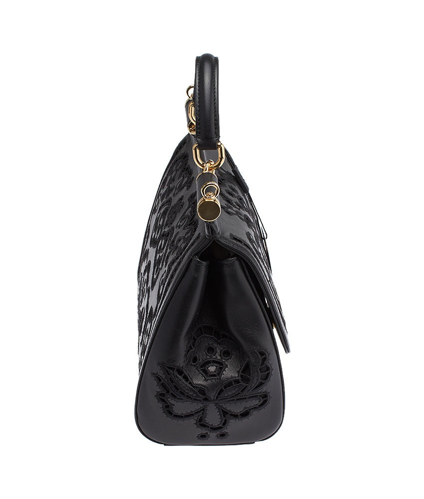 Women's Dolce & Gabbana Miss Sicily Black Laser Cut Leather Crossbody Bag For Sale