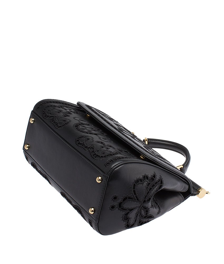 Dolce & Gabbana Miss Sicily Black Laser Cut Leather Crossbody Bag For Sale 2