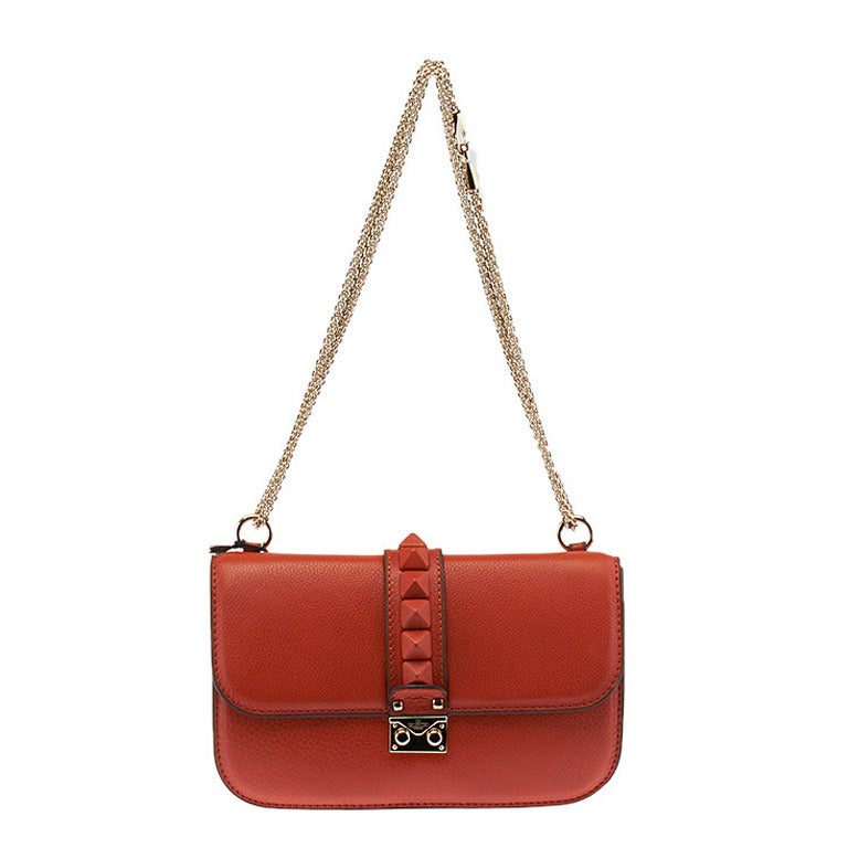Valentino Glam Rockstud Orange Leather Medium Flap Shoulder Bag For Sale