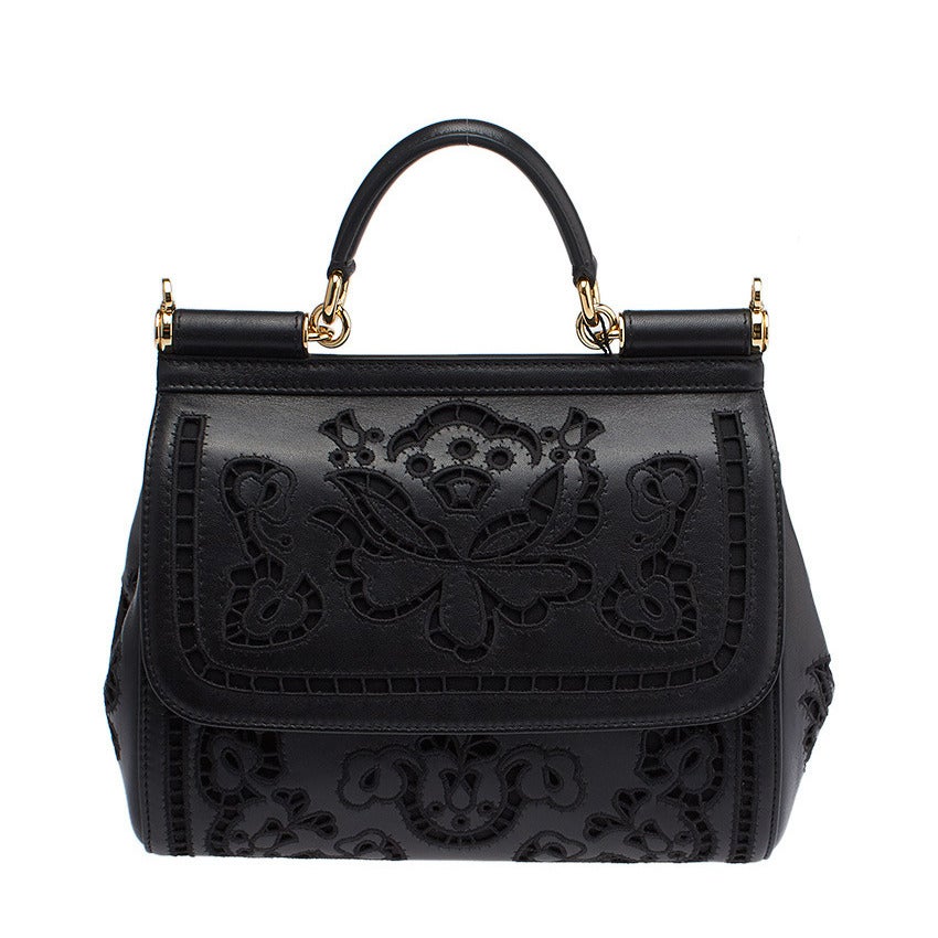 Dolce & Gabbana Miss Sicily Black Laser Cut Leather Crossbody Bag For Sale