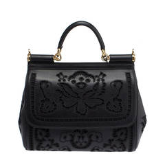Dolce & Gabbana Miss Sicily Black Laser Cut Leather Crossbody Bag