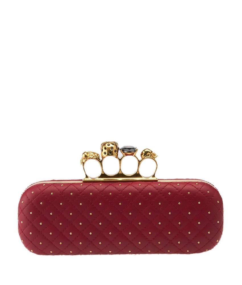 Women's Alexander McQueen Red Quilted Leather Studded Knuckle Box Clutch For Sale