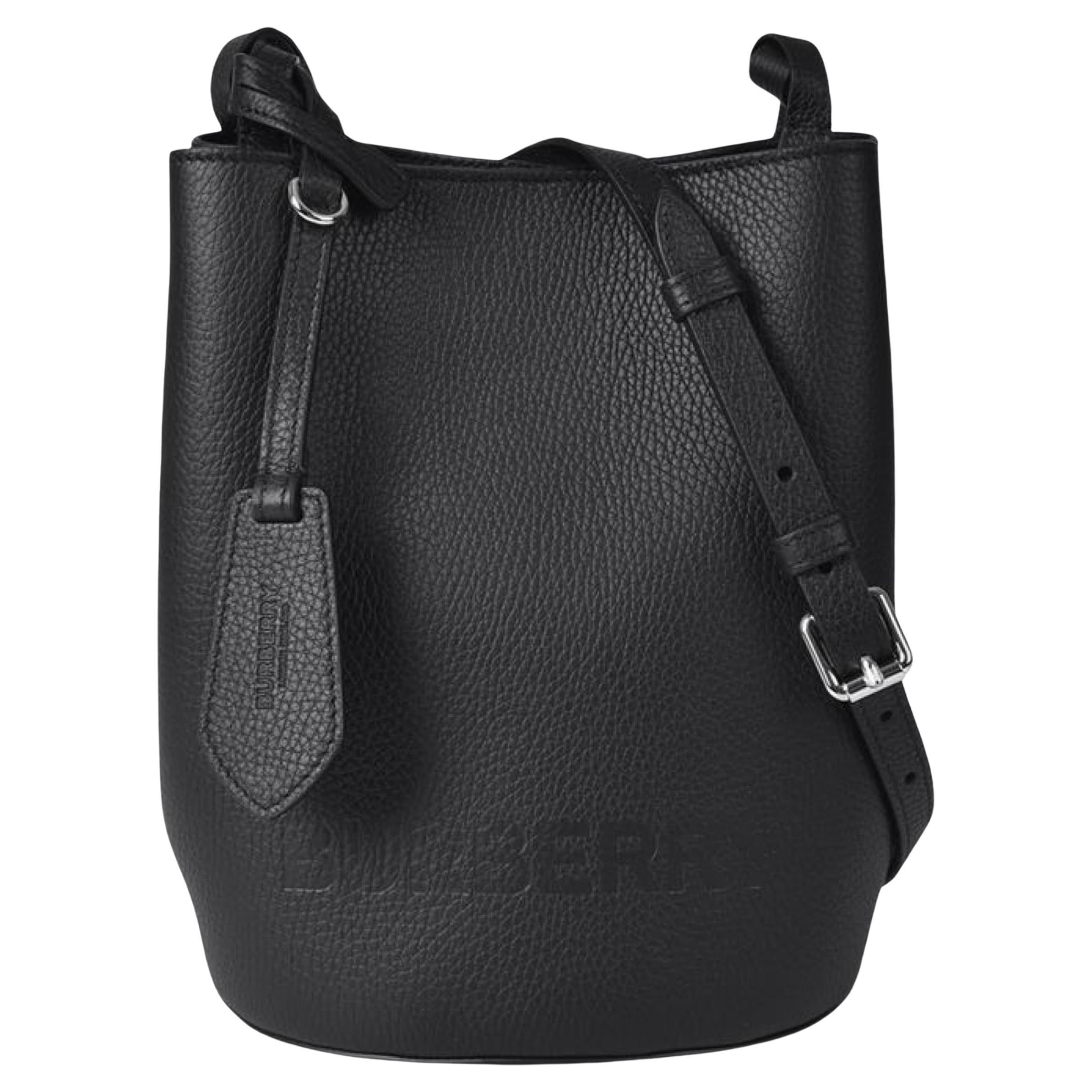 NEW Burberry Black Embossed Logo Leather Shoulder Bucket Bag For Sale