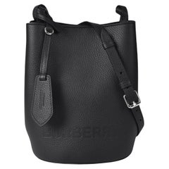Used NEW Burberry Black Embossed Logo Leather Shoulder Bucket Bag