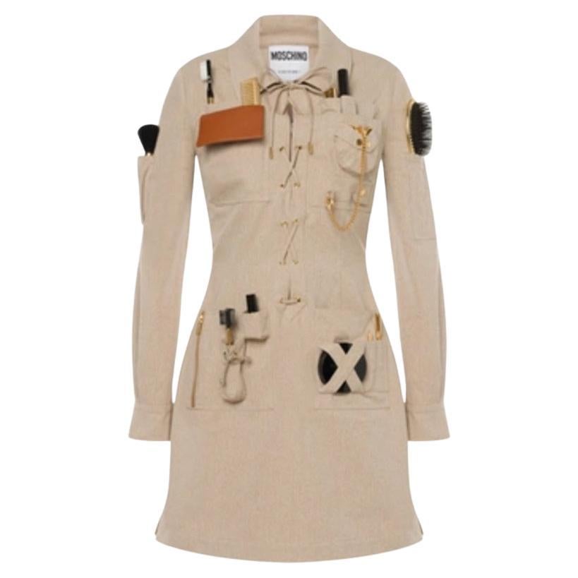 AW21 MOSCHINO Couture Jeremy Scott Beige Gabardine Survivor Kit Tools Kleid