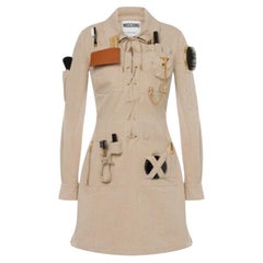 AW21 MOSCHINO Couture Jeremy Scott Beige Gabardine Survivor Kit Tools Kleid