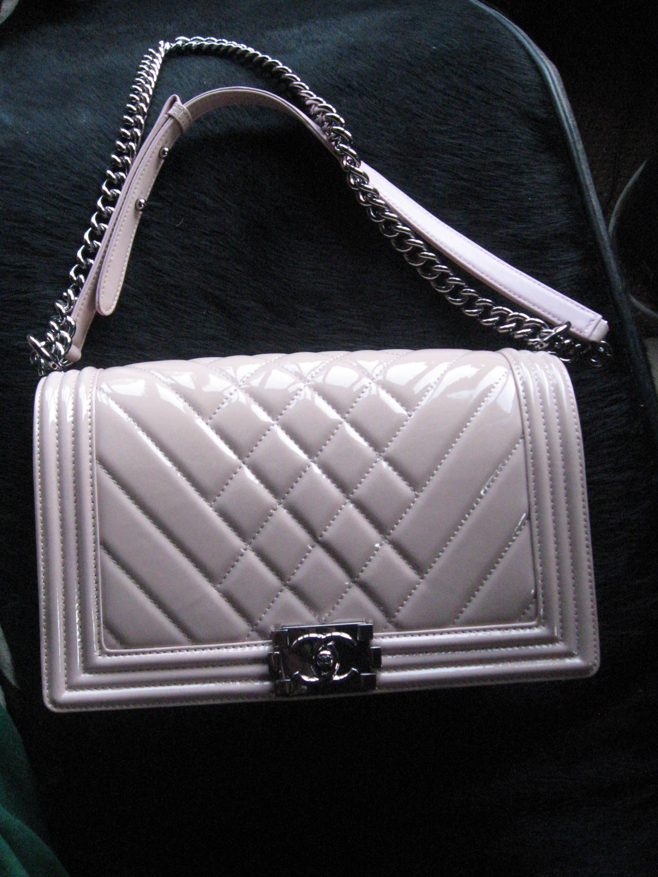 Chanel Pink Patent Leather Medium Chevron Quilted Boy Bag at