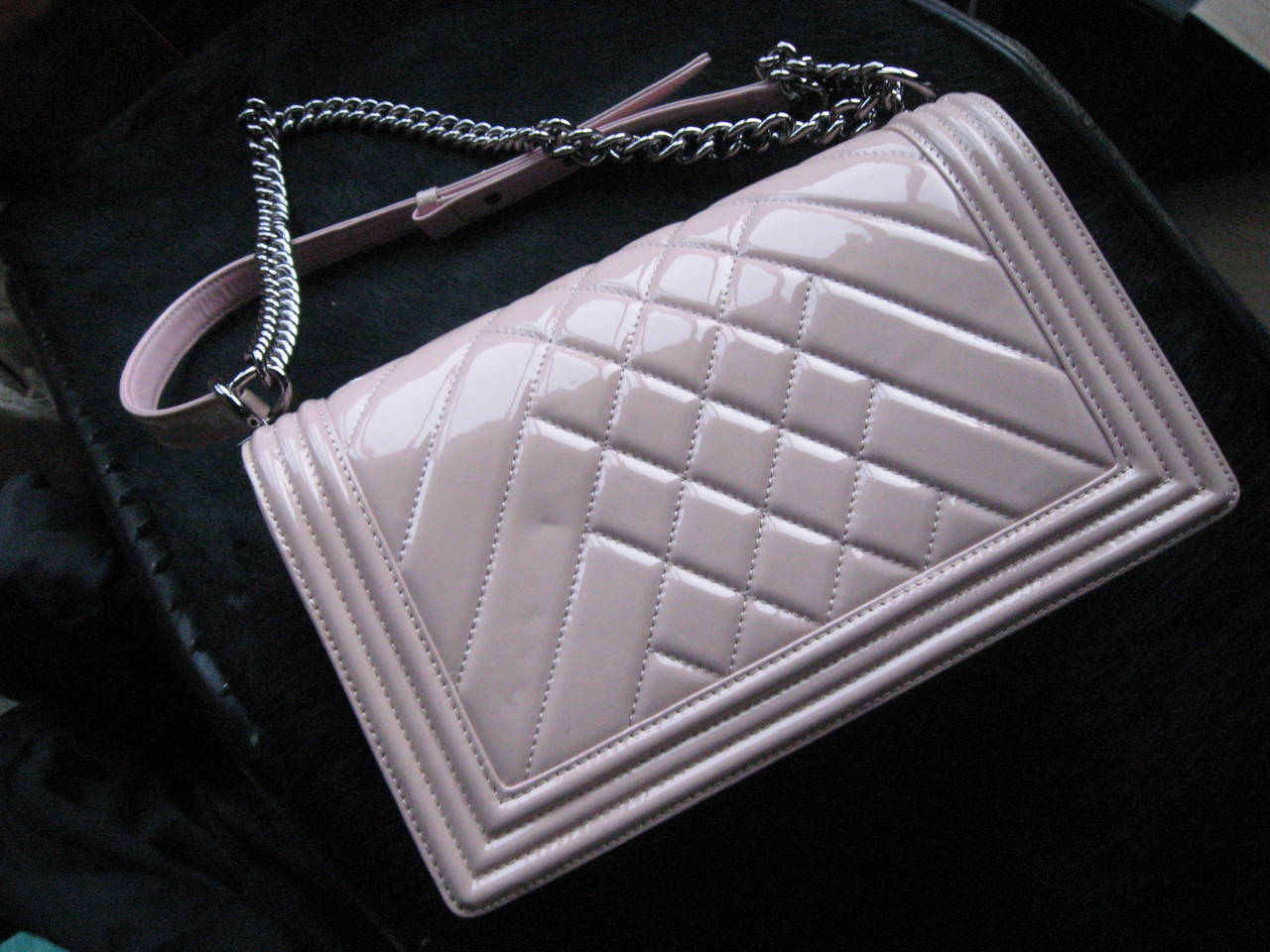 Chanel Pink Patent Leather Medium Chevron Quilted Boy Bag 1