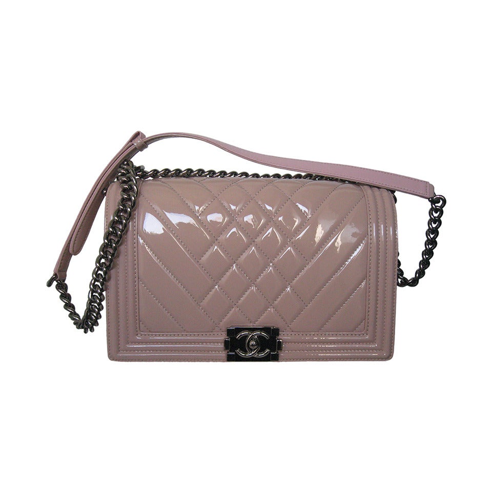 Chanel Pink Patent Leather Medium Chevron Quilted Boy Bag