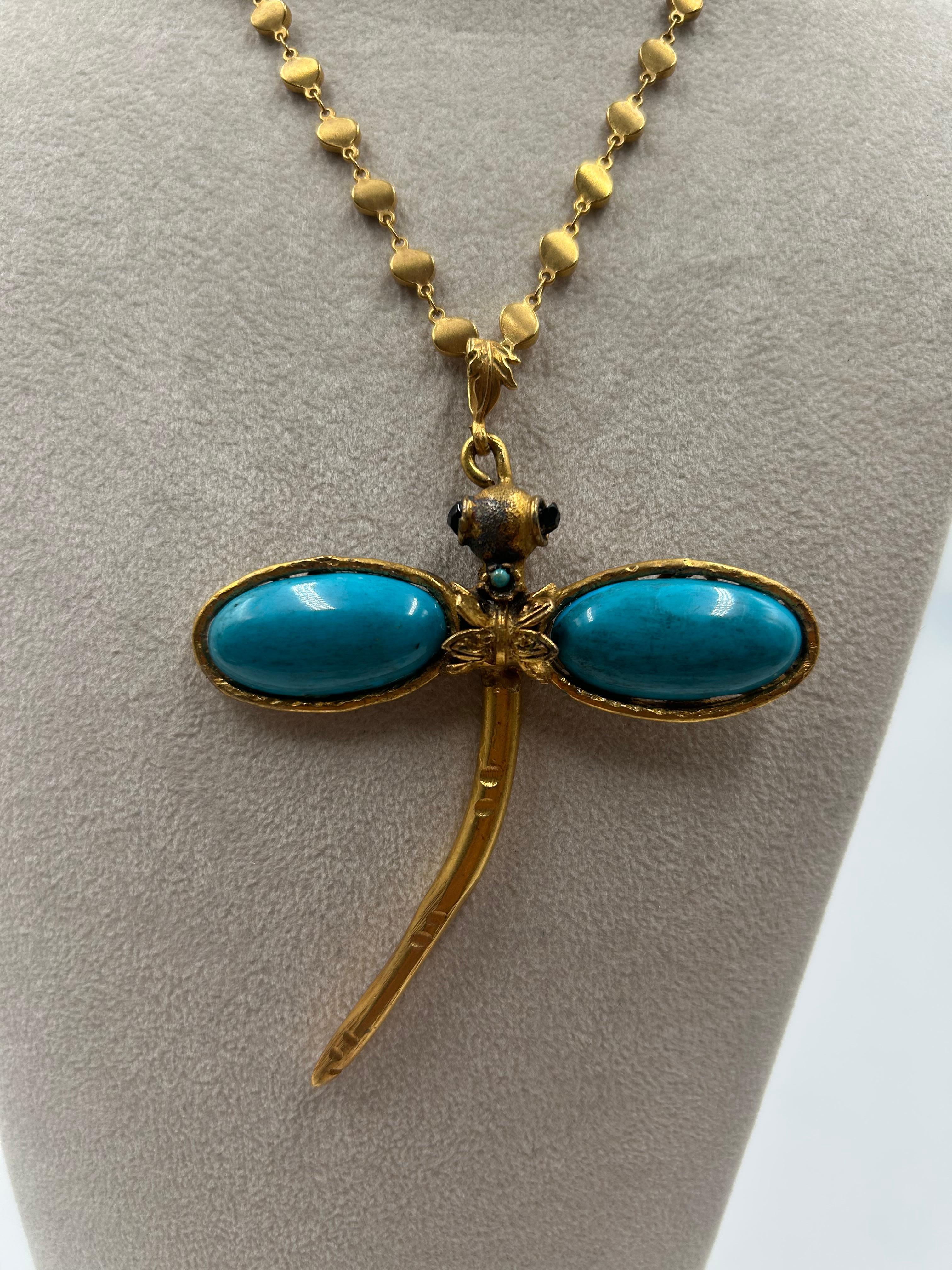 da uomo o donna Collana con libellula blu in ottone dorato in vendita