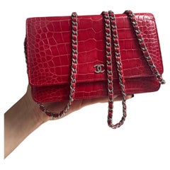 Chanel Glänzende Alligator Geldbörse auf Kette WOC Silber Hardware Tasche