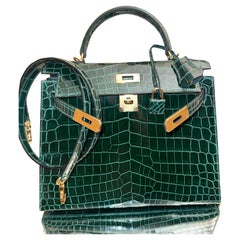 Hermes Kelly 28 Sellier Vert Fonce Cocodrilo Niloticus Brillante