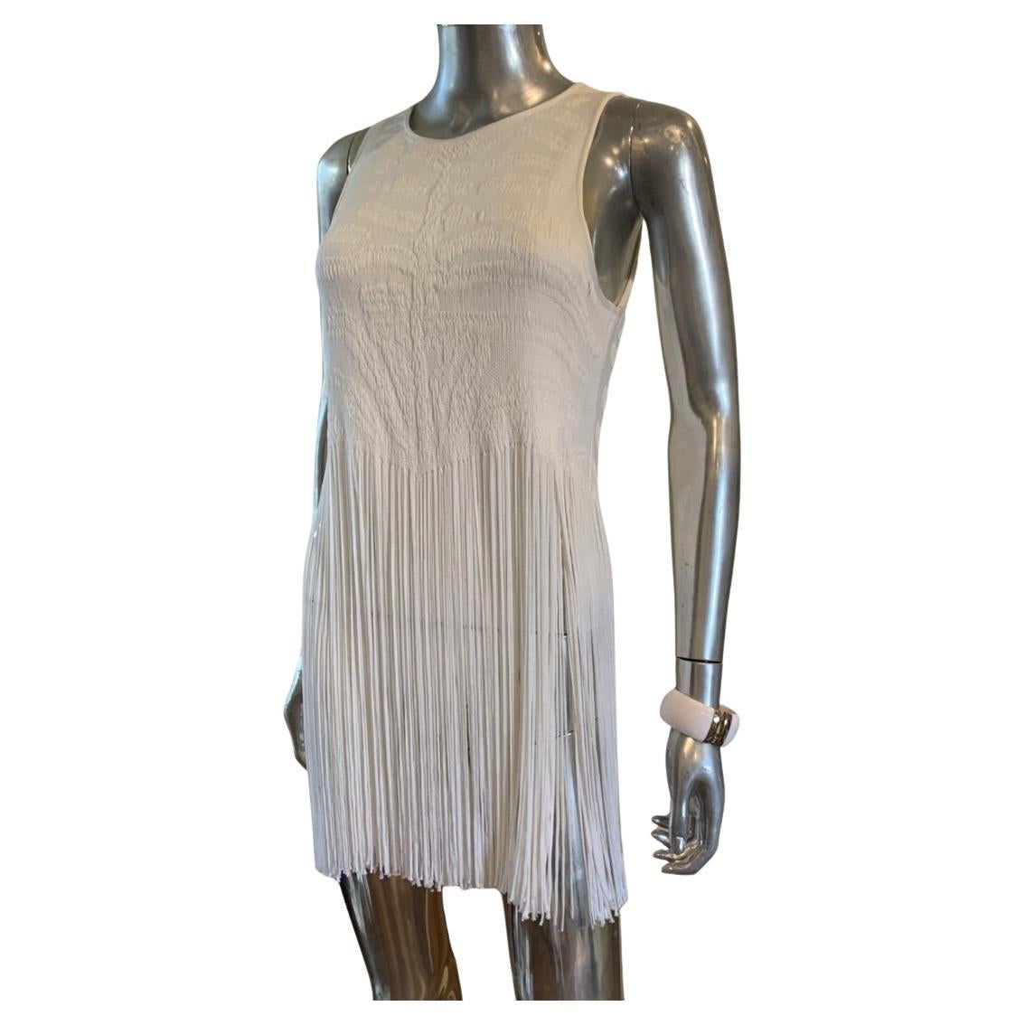 Roberto Cavalli Italy White Animal Jacquard Fringe Blouse/ Mini Dress Size 8 For Sale