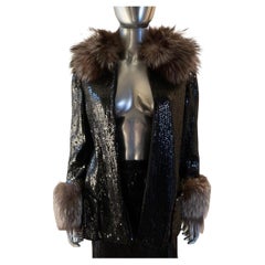 Bill Blass Vintage Black Sequin Suit With Removable Fox Collar & Cuffs Size 6-8