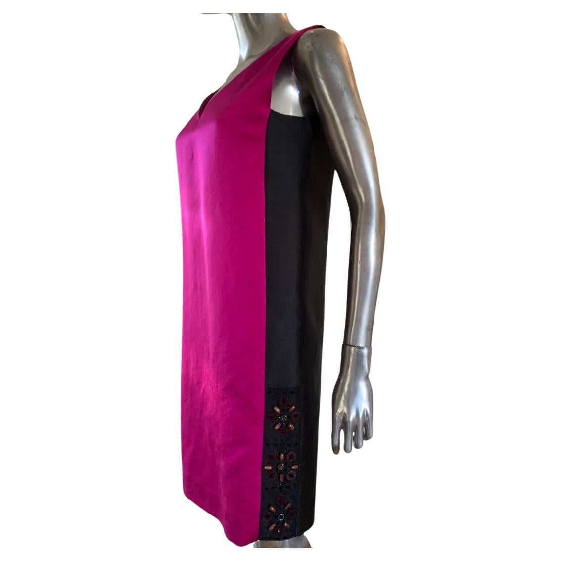 Lanvin Paris 2013 Shocking Pink & Schwarzes perlenbesetztes modernes Chemise-Kleid NEU 4-6 im Angebot