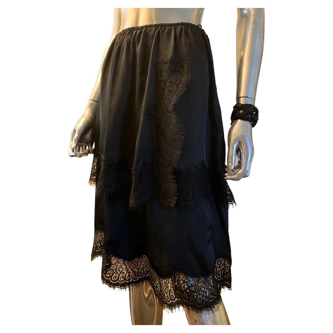 Lanvin Collection Paris Tiered Black French Lace Skirt Size 10 For Sale