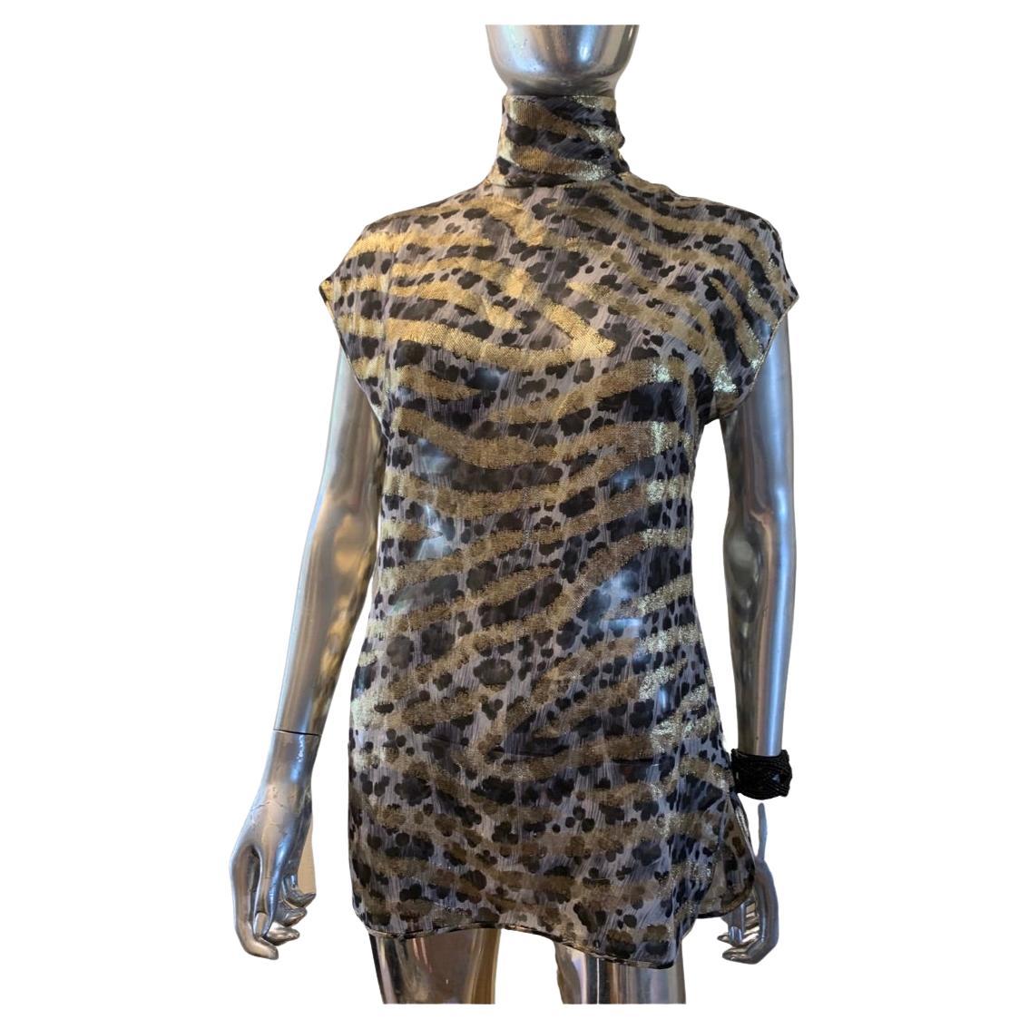 Camicetta vintage in chiffon di Emanuel Ungaro con stampa leopardo e zebra metallica Taglia 6