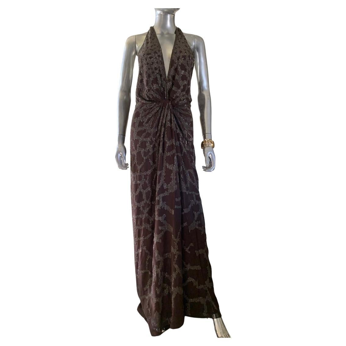 Roberto Cavalli 2008 Sexy Brown and Pewter Hand-Beaded Gown Italy, NWT Size 8