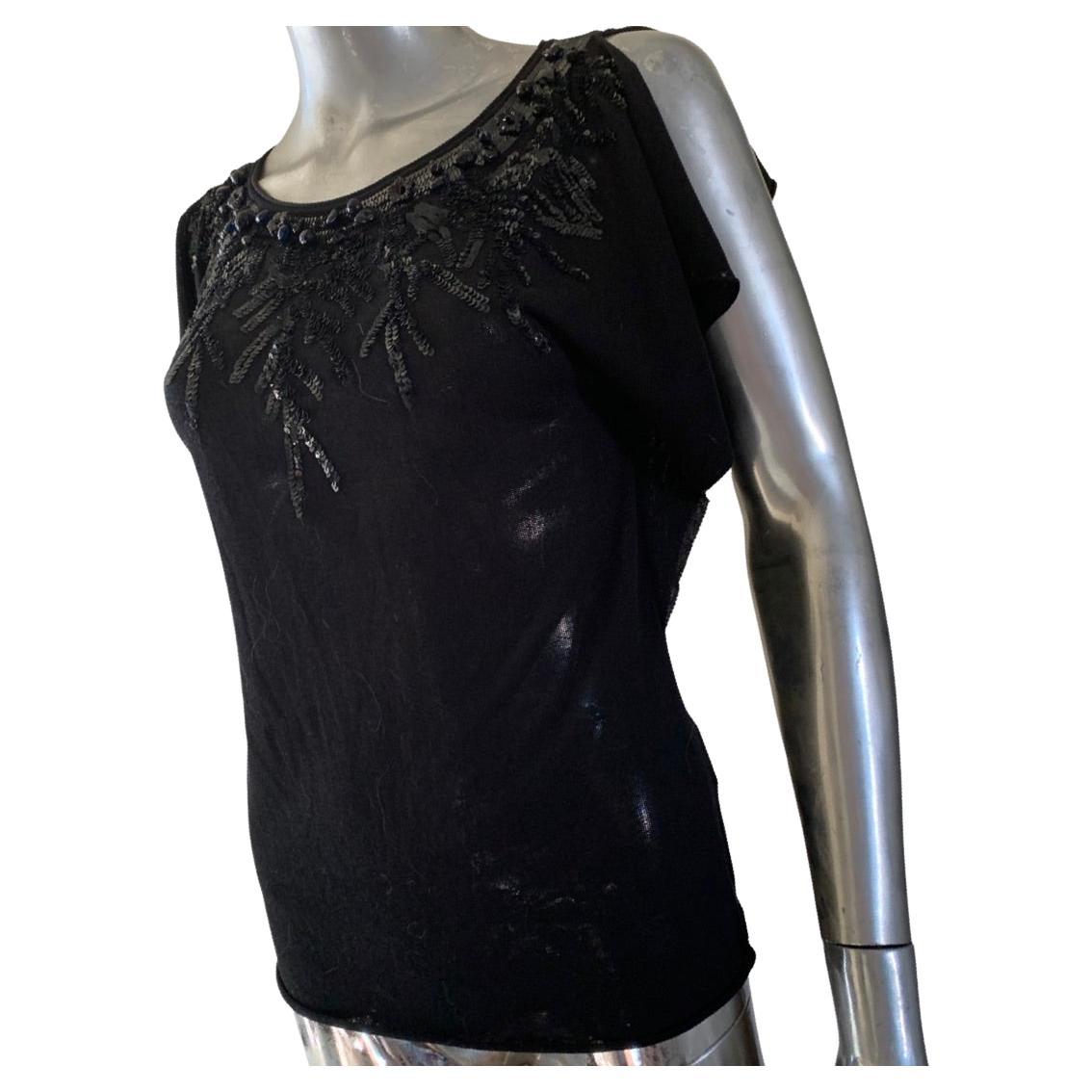 Valentino Hand Beaded and Sequins Black Knit Blouse Italy Size 6 For Sale