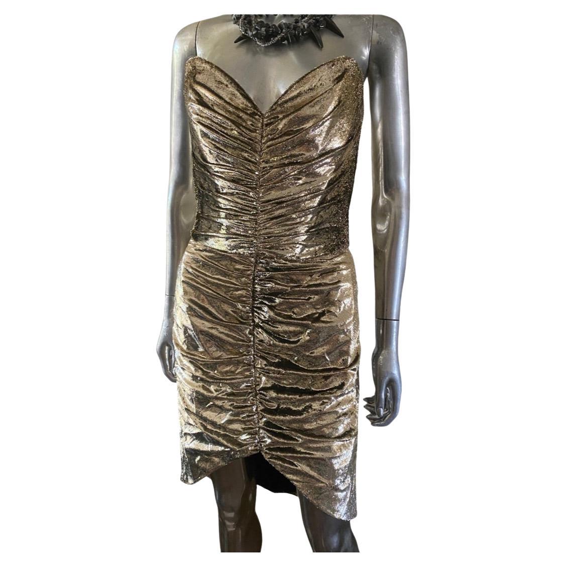 Emanuel Designer Ruched Gold Metallic High-Low Bustier Dress, England Size 8 For Sale
