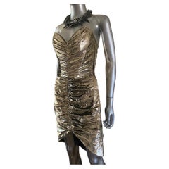 Used Emanuel Designer Ruched Gold Metallic High-Low Bustier Dress, England Size 8