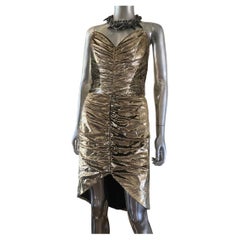 Emanuel Designer Gerüschtes Gold Metallic High-Low-Bustierkleid, England Größe 8