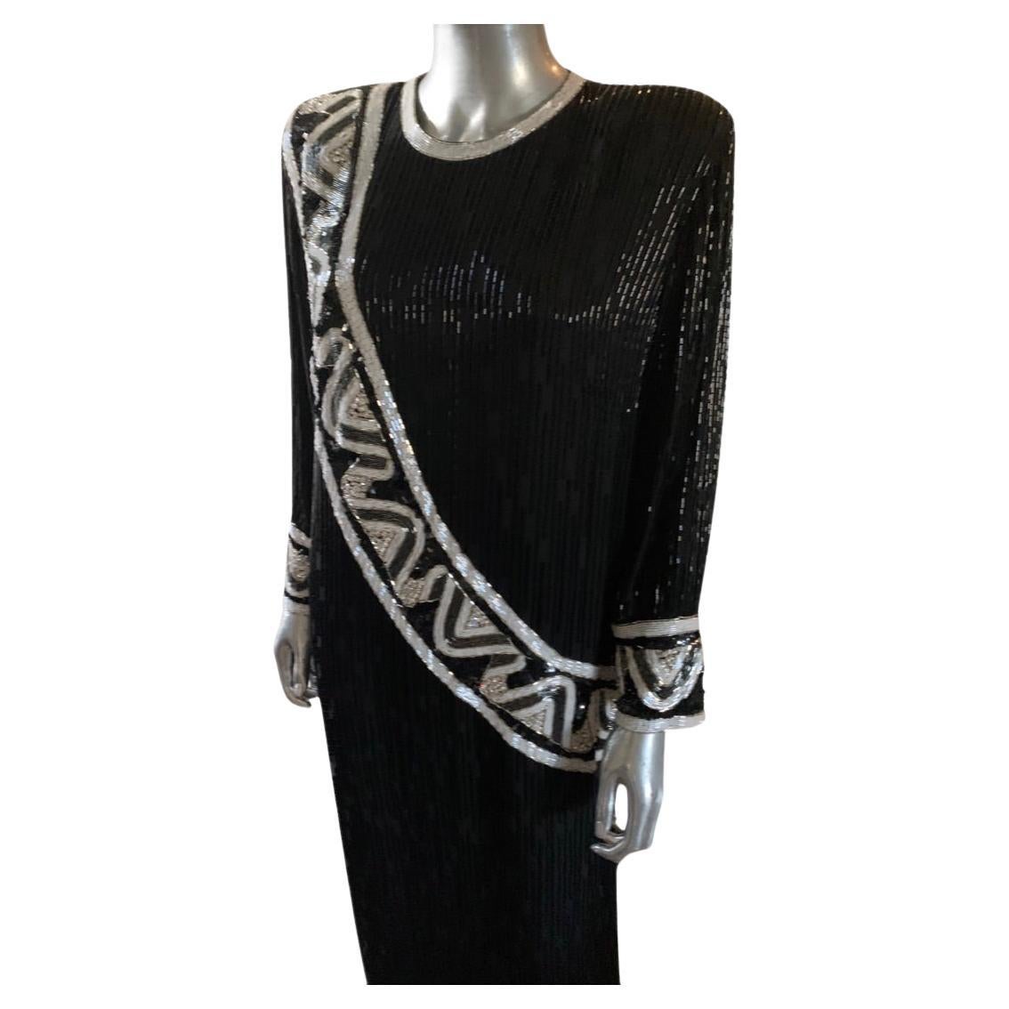 Steven Yearick Bugle Beaded Black and White Gown Custom Made Plus Size  For Sale