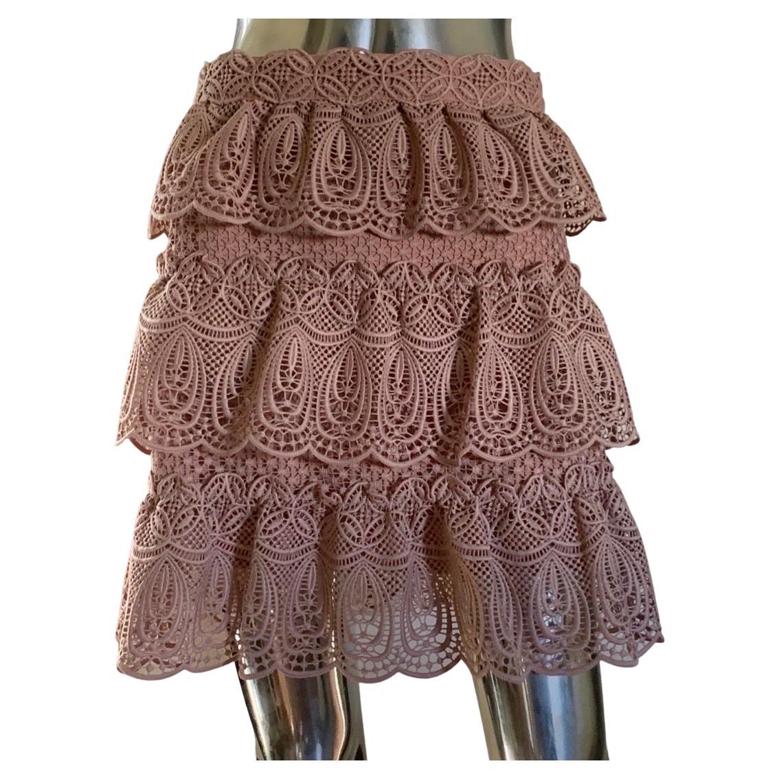 Self-Portrait Tiered Ruffle Blush Coral Guipure Lace Skirt Size 6 For Sale