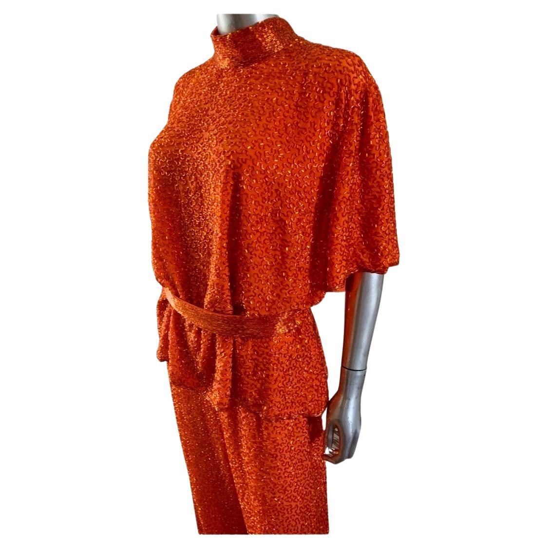 Stephen Yearick Custom Made Orange Silk Bugle Bead Tunic & Pant Set Plus Size  For Sale