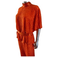 Stephen Yearick, ensemble tunique et pantalon en soie orange perlée, fait sur mesure, grande taille 