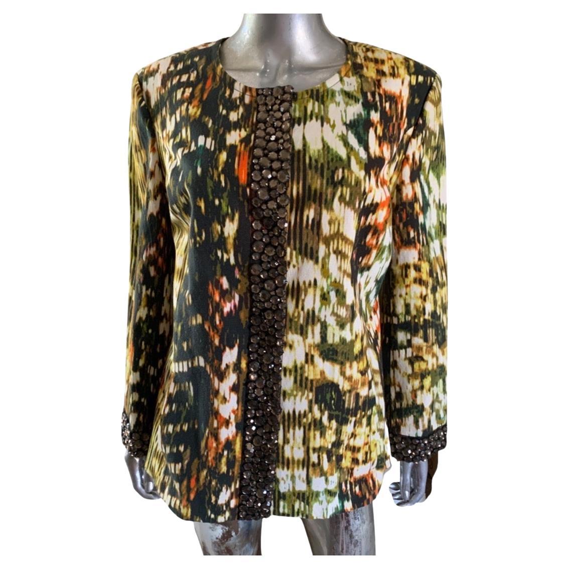 St. John Abstract Print Jacket with Brown Crystal Jewel Embellishments Size 12 For Sale