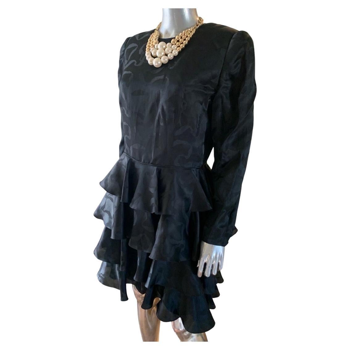Vintage David Hayes LBD Silk Jacquard Tiered Ruffle Cocktail Dress, NWT For Sale