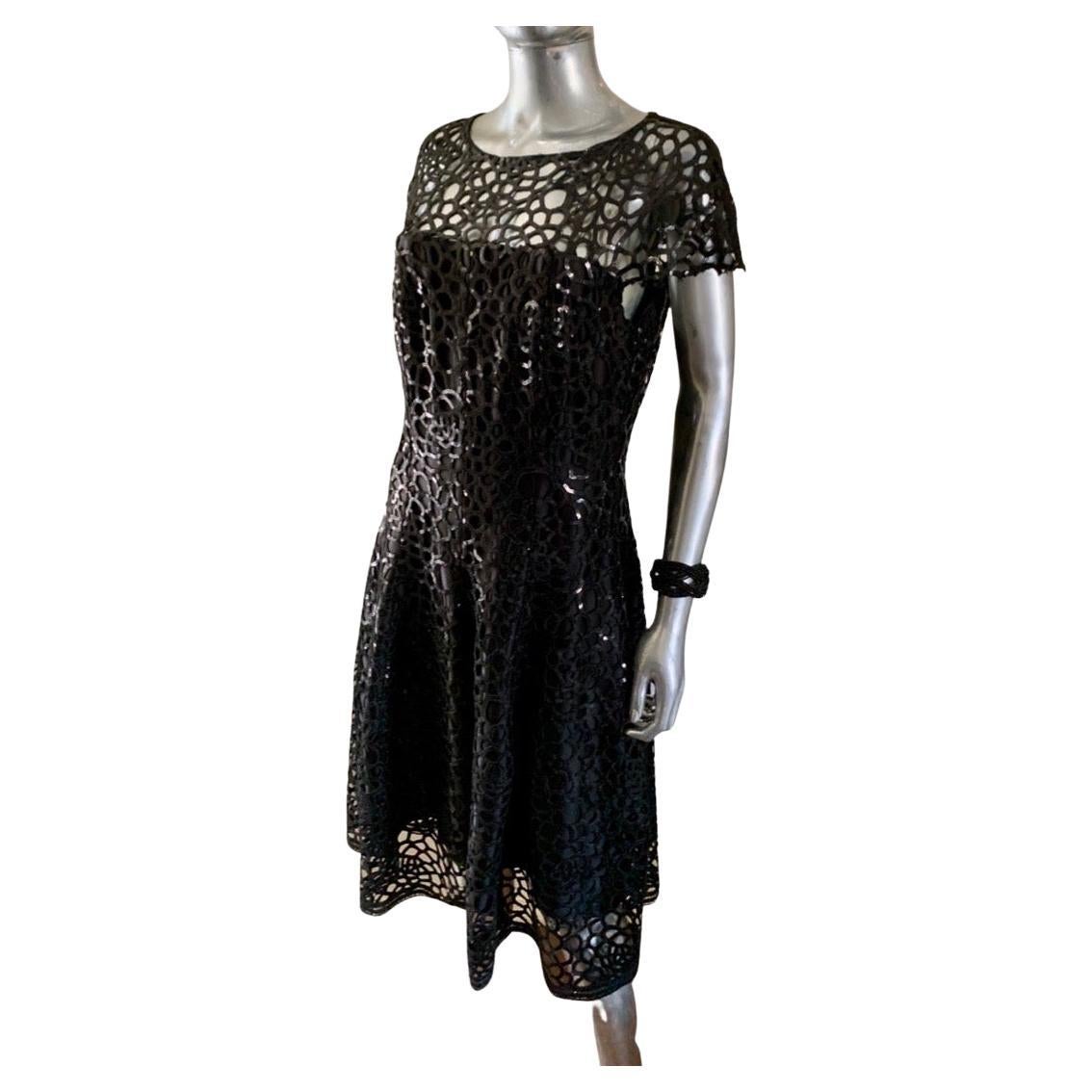 Talbot Runhof Celebrity Owned Black Guipure Lace Sequin Dress, Rare. Size 10 For Sale