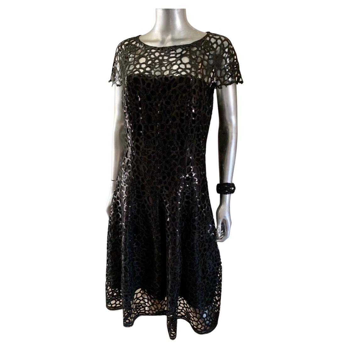 Talbot Runhof - Robe à sequins en dentelle guipure noire, rare, collection Celebrity Owned Taille 10