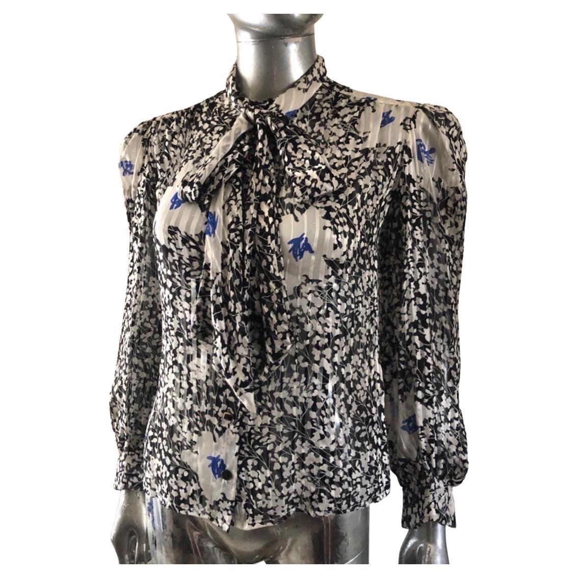 David Hayes Black & White Silk Floral Pussy Bow Blouse Size 4  For Sale