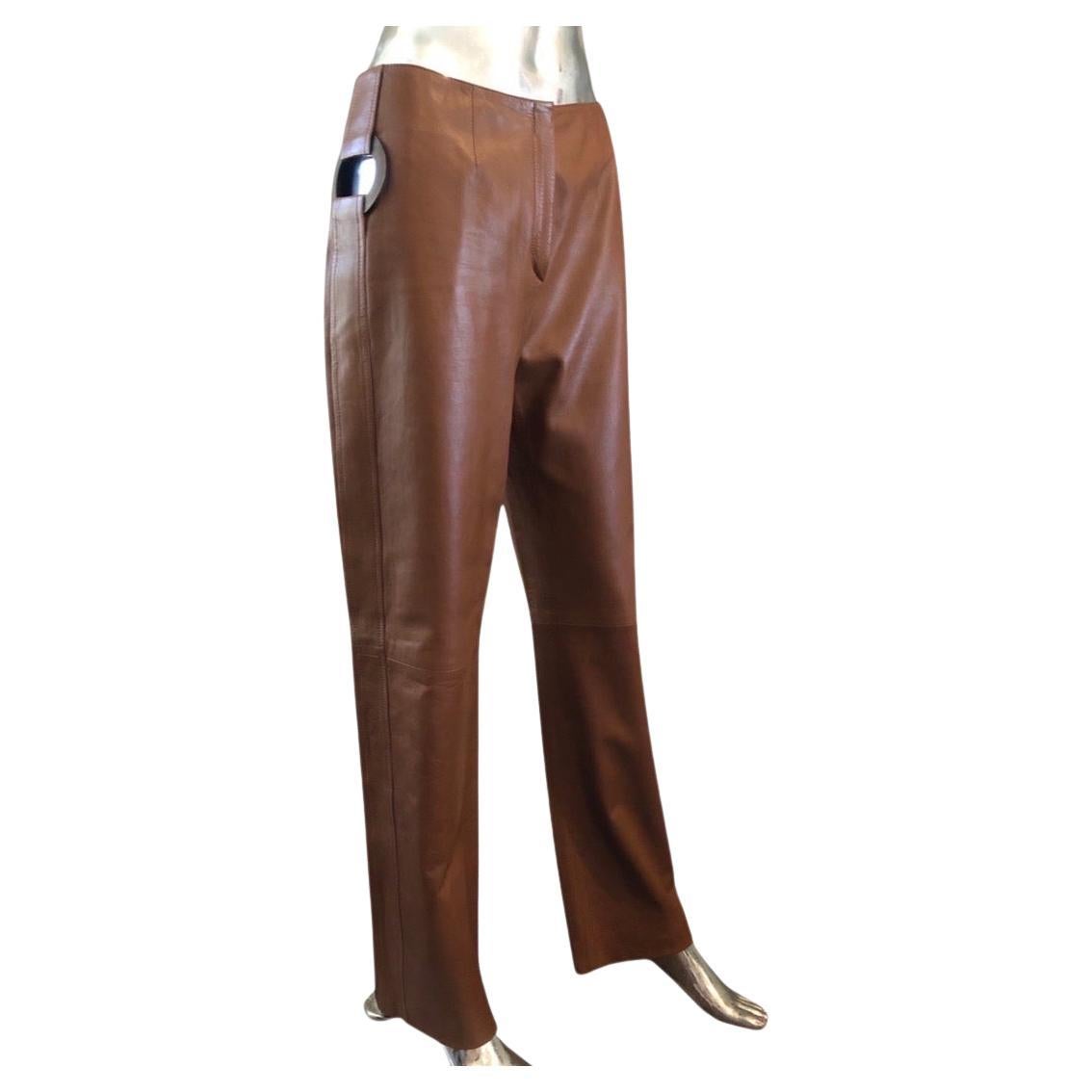Valentino Italy Runway Collection Cognac Vintage Leather Pants with Rings Size 8 For Sale