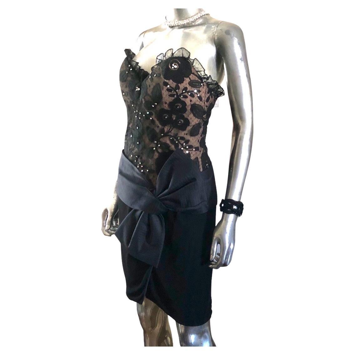 Bill Blass Vintage Black Jeweled Lace Cocktail Dress w/Bow Size 6/8 