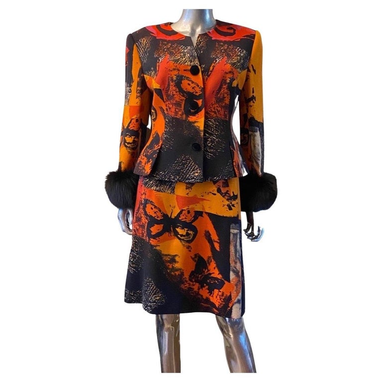 Louis Féraud Germany Metallic Abstract Print 2 PC Suit w’ Fur Cuffs Size 10