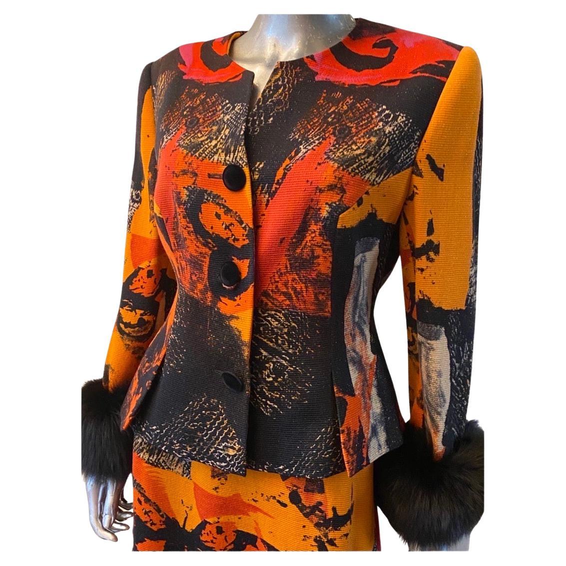 Louis Féraud Alemania Estampado abstracto metalizado Traje 2 piezas con puños de piel Talla 10 en venta