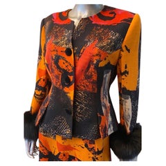 Louis Féraud Germany Metallic Abstract Print 2 PC Suit Fox Fur Cuffs Size 10