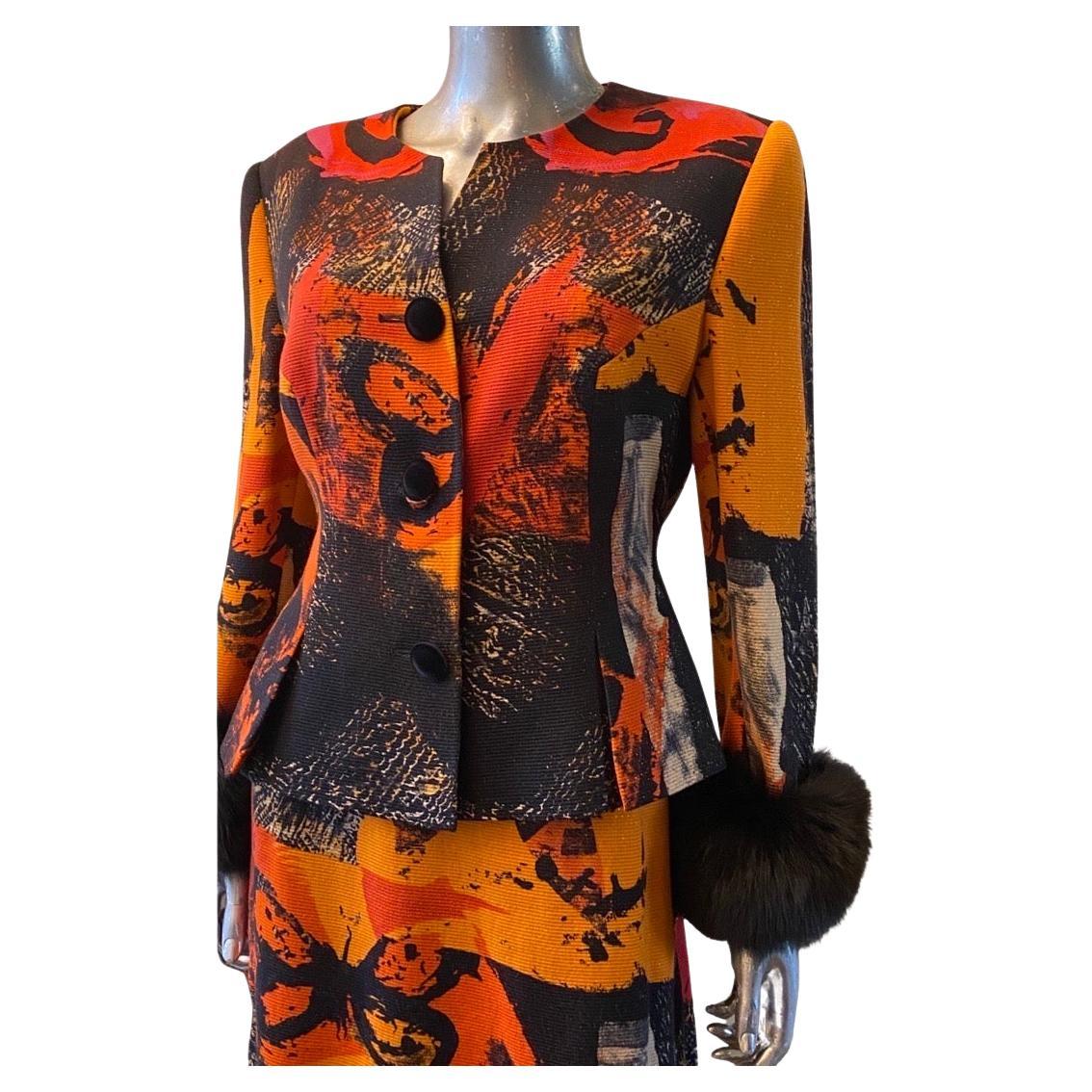 Louis Féraud Alemania Estampado abstracto metalizado Traje 2 piezas con puños de piel Talla 10 Negro en venta