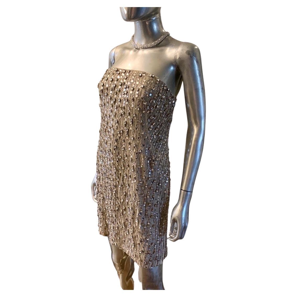 KaufmanFranco Nude Silk Rhinestone Embellished Strapless Cocktail Dress Size 8 For Sale