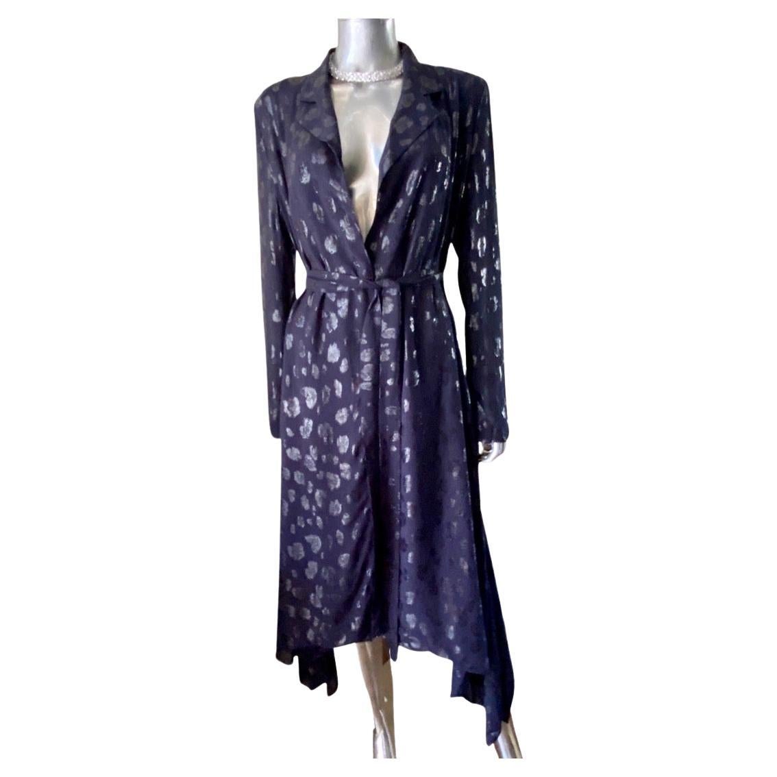 Cushnie Navy Cheetah Metallic Print Wrap Dress with Scarf Hem. Size  For Sale