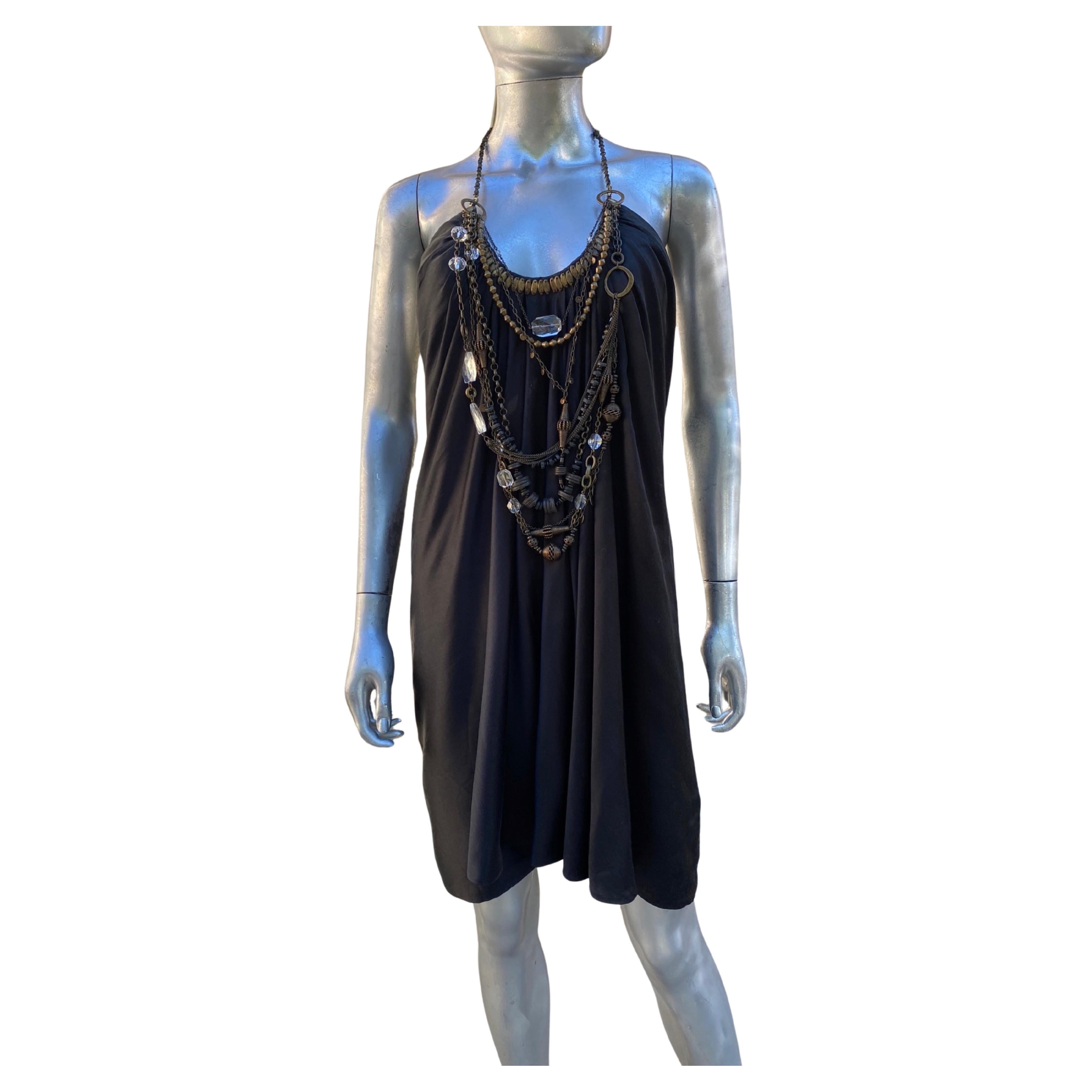 KaufmanFranco Black Silk Jewelry Embellished Necklaces Draped Dress  Size 6 For Sale