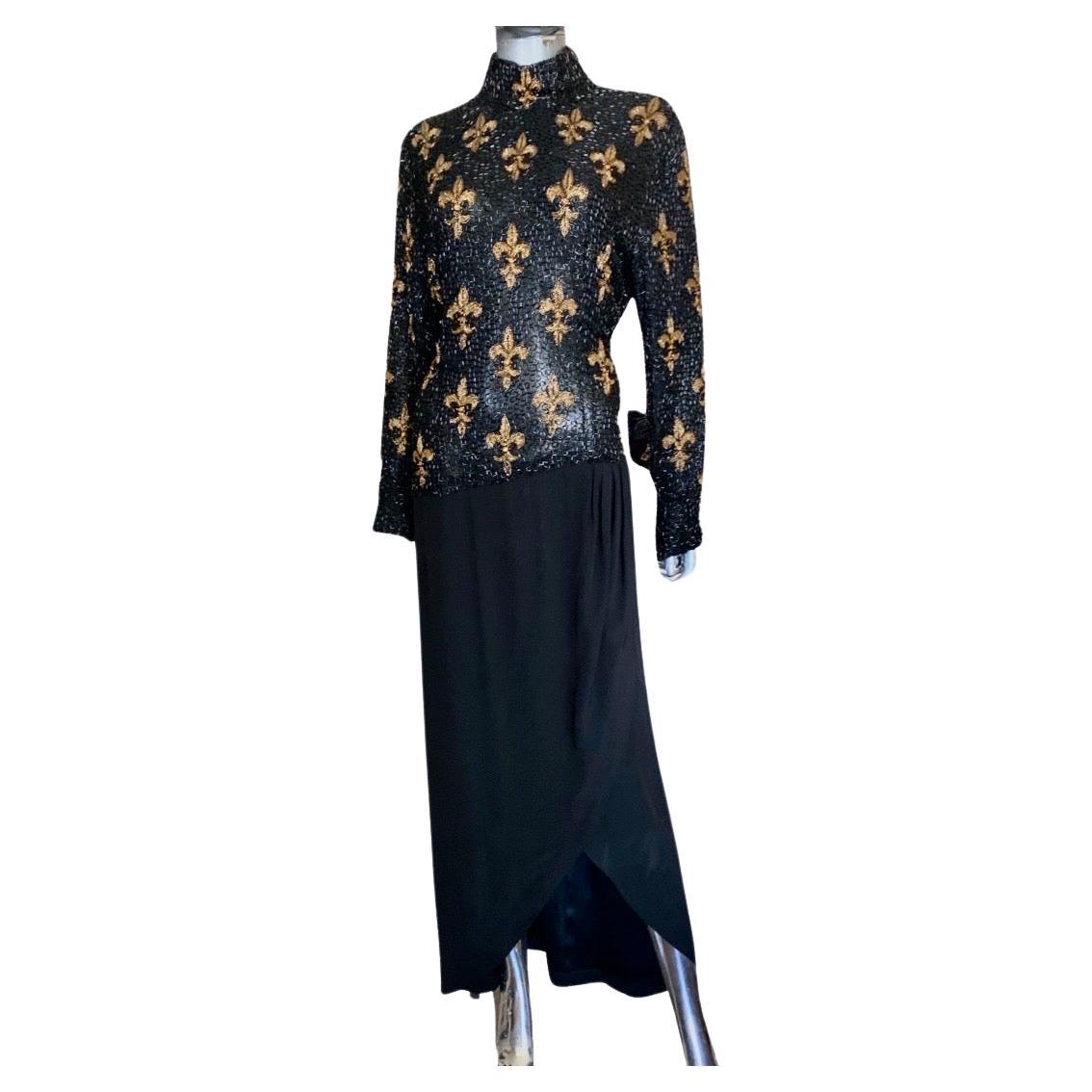 Bob Mackie Boutique Vintage Fleur de Lis Beaded black and Gold Dress Size 6/8 For Sale