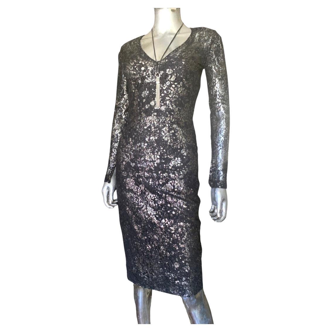 Lela Rose Sexy Silver Metallic Splatter Print on Black Lace Dress Size 0 For Sale