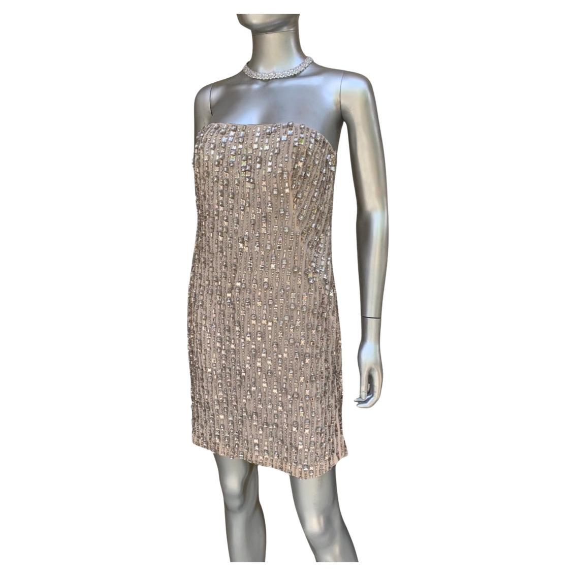 KaufmanFranco Nude Silk Rhinestone Hand Beaded Bustier Cocktail Dress NWT Taglia 6 in vendita