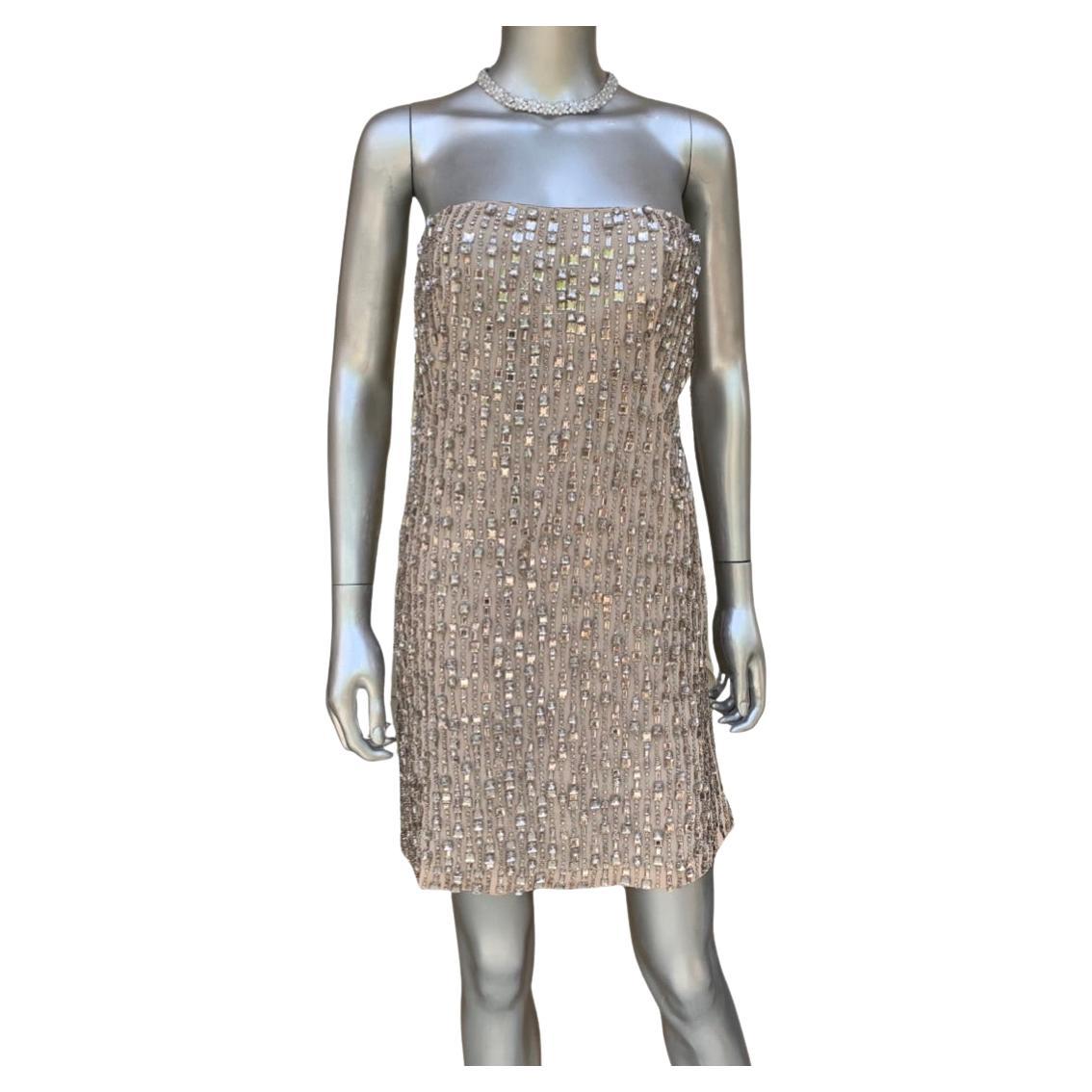 KaufmanFranco Nudefarbenes Cocktailkleid aus Seide mit Strass und Perlen, handbesetzt, neu mit Etikett, Größe 6