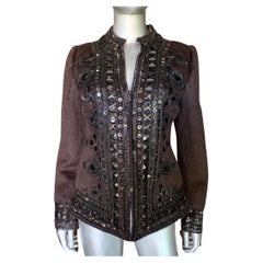 Oscar de la Renta Italy Brown Zip Jacket w/ Metal & Jewel Embellishments Size 8
