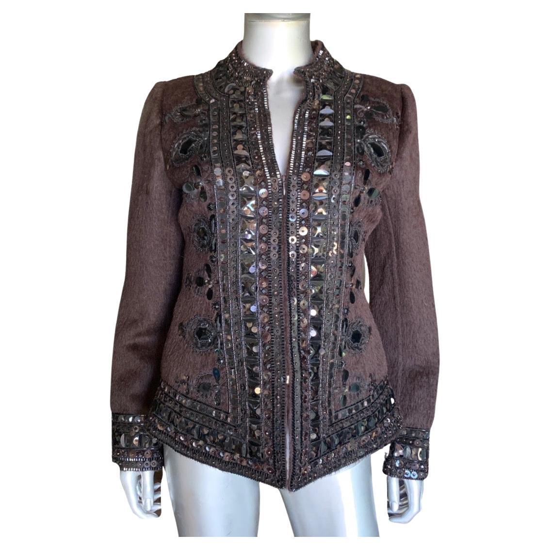 Oscar De La Renta Italia Giacca con zip marrone con decorazioni in metallo e gioielli Taglia 8